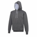 A product from AWDis Just Hoods, the JH003 is a dark gray hoodie featuring a front pocket and adjustable drawstrings, with the hood lined in a lighter gray fabric.