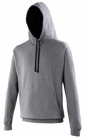 A JH003 hoodie by AWDis Just Hoods, featuring a simple gray design with a front pouch pocket and black drawstrings. The hood is up, and the unworn sweatshirt is laid flat against a plain white background.