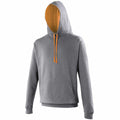 The JH003 by AWDis Just Hoods is a gray hooded sweatshirt featuring orange lining inside the hood and orange drawstrings. It also includes a front pocket and is displayed against a white background.