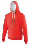 The AWDis Just Hoods JH003 hoodie in a solid red color features a white drawstring and hood lining. It includes a front pouch pocket and is crafted from a soft, comfortable material. The hoodie is showcased against a plain white background.