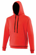 A JH003 red hoodie from AWDis Just Hoods, featuring a front pocket and black drawstrings, is displayed against a plain white background.