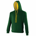 Introducing the AWDis Just Hoods JH003: a stylish green hoodie highlighted by a yellow interior hood lining and matching yellow drawstrings. It features a convenient front pouch pocket and is showcased against a plain white background.