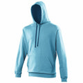 The JH003 by AWDis Just Hoods is a light blue hooded sweatshirt featuring long sleeves, dark drawstrings, and a front pocket, all crafted in a simple, casual design.
