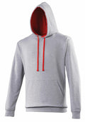 The JH003 hoodie by AWDis Just Hoods features a stylish gray design, complemented by red drawstrings and a red-lined hood. It includes a convenient front pouch pocket and is designed with long sleeves for added comfort.