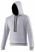 The AWDis Just Hoods JH003 is showcased against a white background, featuring a plain gray design with a front pocket and black drawstrings. The hood is up, contributing to its casual and comfortable look.