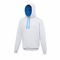 This AWDis Just Hoods JH003 sweatshirt features a light gray exterior with a contrasting blue interior hood and matching blue drawstrings. Complete with a front pocket, it is showcased against a simple white background.