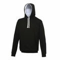 Introducing the JH003 by AWDis Just Hoods: a black hoodie featuring a convenient front pocket and contrasting white drawstrings. The inside of the hood is lined with light gray fabric, and it is showcased against a simple white background.