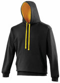 A hooded sweatshirt by AWDis Just Hoods, model JH003, featuring a black exterior with a vibrant yellow interior and matching yellow drawstrings. It includes a front pocket and is showcased against a white backdrop.