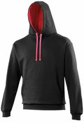 The AWDis Just Hoods JH003 is a black hoodie featuring a red-lined hood and pink drawstrings, complete with a large front pocket and long sleeves. The product is showcased against a plain white background.