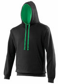 The JH003 hoodie from AWDis Just Hoods features a black exterior with a striking bright green inner lining and matching green drawstrings. It includes a front pocket and long sleeves, with an upright hood that highlights the contrasting colors.