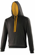 A JH003 hoodie from AWDis Just Hoods featuring a vibrant orange interior and drawstrings against its black exterior. This hoodie includes a front pocket, long sleeves, and a raised hood that delivers a casual, sporty look by slightly obscuring the head.