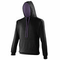 The product image displays the JH003 hoodie from AWDis Just Hoods, featuring a black design with a front pocket and purple drawstrings. The hood's interior is also purple, set against a white background, with no mannequin or person inside.