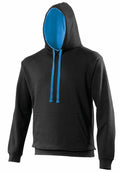 This JH003 hoodie from AWDis Just Hoods showcases a sleek black exterior complemented by a vibrant bright blue interior and drawstrings. It includes a front pocket and is presented against a simple white backdrop, with the hood raised to highlight its form.