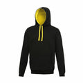 Introducing the JH003 by AWDis Just Hoods: This stylish black hoodie comes with a striking yellow hood lining and matching yellow drawstrings. Set against a crisp white background, it also boasts a convenient front pocket along with ribbed cuffs and hem for added comfort and style.