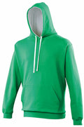 An AWDis Just Hoods JH003 hoodie, featuring a white drawstring and front pocket, is displayed against a white background. The hood is up, and the hoodie has long sleeves.