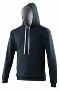 An AWDis Just Hoods JH003 sweatshirt in black, featuring white drawstrings and a front pocket.