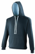 A black AWDis Just Hoods JH003 sweatshirt featuring a hood with white drawstrings and a large front pocket. The interior of the hood is light blue, providing a striking contrast to the dark exterior. Displayed on a plain white background.
