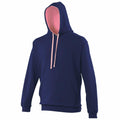 Introducing the AWDis Just Hoods JH003: a casual and relaxed-fit navy blue hoodie featuring a pink hood lining and matching pink drawstrings. This stylish piece is designed with a front kangaroo pocket for added convenience.
