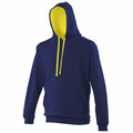 The AWDis Just Hoods JH003 navy blue hoodie features a front pocket and yellow drawstrings. Its interior is a striking bright yellow, providing a bold contrast to the exterior. The hoodie is showcased against a simple white backdrop.