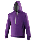 Introducing the AWDis Just Hoods JH003: a purple hoodie designed with a gray hood lining and gray drawstrings. It boasts a front kangaroo pocket along with ribbed cuffs and hem, all showcased on a white background.
