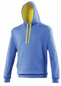 The AWDis Just Hoods JH003 is a blue hooded sweatshirt with a yellow inner lining and drawstrings. It includes a front pouch pocket and is showcased against a white background.