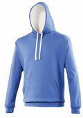 Introducing the JH003 by AWDis Just Hoods: a blue hoodie featuring a plain design, front pouch pocket, and white drawstrings. This sweatshirt has ribbed cuffs on the sleeves and waist, with a hood lined in white for added detail.