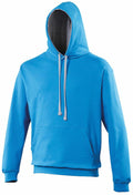 Introducing the AWDis Just Hoods' JH003, a vibrant blue hoodie with a front pocket and hood accented by white drawstrings. The interior lining of the hood boasts a dark gray shade, beautifully displayed against a plain white background.
