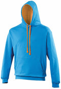 The AWDis Just Hoods JH003 is a blue hoodie featuring an orange-lined hood and orange drawstrings, complete with a front pocket and long sleeves.