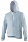 Introducing the JH003 by AWDis Just Hoods: a light blue hoodie featuring a front pocket and white drawstrings. It boasts long sleeves and offers a loose fit, showcased against a white background.
