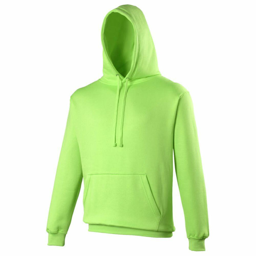 AWDis Just Hoods' JH004: A vibrant green hooded sweatshirt featuring a front pouch pocket and drawstring closure.
