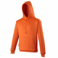 AWDis Just Hoods' JH004 hoodie in orange features a front pocket and a drawstring hood, set against a simple white background.
