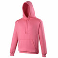 AWDis Just Hoods JH004 hoodie in pink, featuring a front pocket and a drawstring hood, displayed against a white background.
