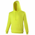 The JH004 hoodie by AWDis Just Hoods features a vibrant yellow design with a front pocket and drawstring hood, showcased against a plain white background.