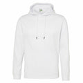 A plain white AWDis Just Hoods JH006 hoodie featuring a front pocket and drawstrings, showcased on a simple background.