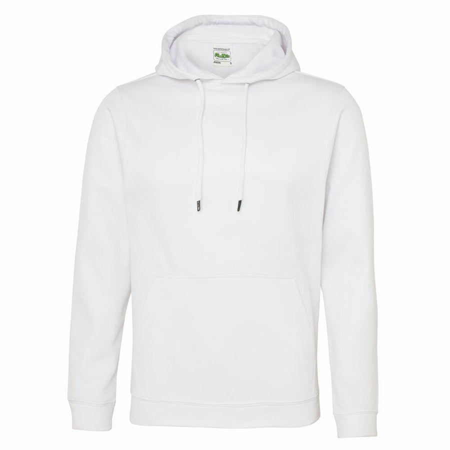 A plain white AWDis Just Hoods JH006 hoodie featuring a front pocket and drawstrings, showcased on a simple background.