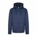 The AWDis Just Hoods JH006 is a dark blue hooded sweatshirt featuring a front pocket and drawstrings.