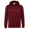 AWDis Just Hoods' JH006 hoodie in burgundy, designed with a front pocket and adjustable drawstrings.