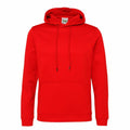 The AWDis Just Hoods JH006 hoodie, in a vibrant red color, features a front pocket and a drawstring hood, set against a plain white background. The design is simple and casual.