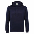 The JH006 hoodie from AWDis Just Hoods, featuring adjustable drawstrings and a front pouch pocket, is showcased against a plain white background. This navy blue hoodie offers a soft texture and relaxed fit, making it perfect for casual wear.