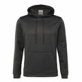 The AWDis Just Hoods JH006 is a dark green hoodie featuring a front pocket and adjustable drawstrings, showcasing a casual design made from soft, comfortable fabric.