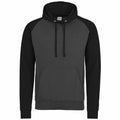 The JH009 by AWDis Just Hoods is a stylish two-tone hoodie featuring a dark gray body with black sleeves, complete with a front pocket and a drawstring hood.