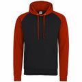The JH009 by AWDis Just Hoods is a black hoodie with red sleeves and hood, complete with a front pocket and drawstrings.