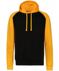 This AWDis Just Hoods JH009 hoodie showcases a stylish two-toned design with a black body complemented by vibrant yellow sleeves and hood. It features a convenient front pocket and matching yellow drawstrings.