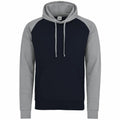 The AWDis Just Hoods JH009 is a black hoodie that features gray long sleeves, a hood, a front pocket, and drawstrings.