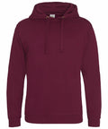 A maroon JH011 hoodie by AWDis Just Hoods, featuring a drawstring hood and long sleeves, displayed on a plain white background.
