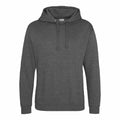 The AWDis Just Hoods JH011 is a dark gray hooded sweatshirt featuring long sleeves and drawstrings, showcased against a plain white background.