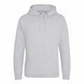 A plain light gray hoodie from AWDis Just Hoods, featuring long sleeves and drawstrings, is displayed against a white background. The front side reveals its simple design, under the product name JH011.