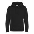 AWDis Just Hoods JH011 is a simple black hoodie featuring long sleeves and a drawstring hood, showcased against a white background.