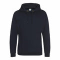 A plain black AWDis Just Hoods hoodie, model JH011, features a drawstring hood, long sleeves, and ribbed cuffs. The fabric seems soft and comfortable, making it ideal for casual wear. The hoodie is showcased on a plain white background.