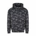 An AWDis Just Hoods JH014 hoodie in a gray camouflage pattern, featuring long sleeves and a front pocket, set against a white background.